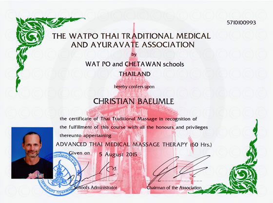 Wat Pho Zertifikat Advanced Thai Medical Massage Therapy