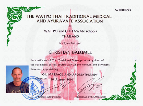 Wat Pho Zertifikat Oel-Massage und Aromatherapie